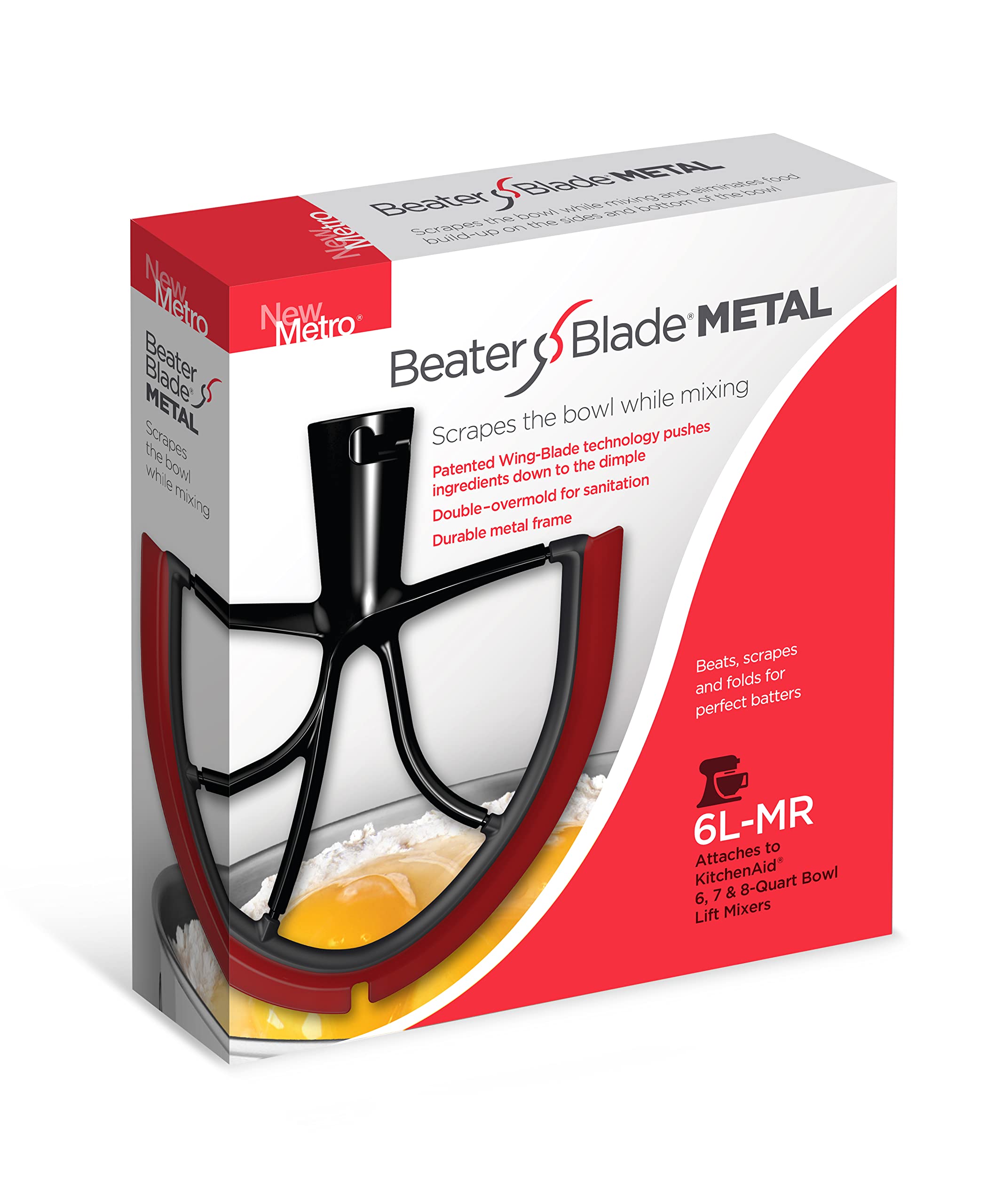 New Metro Design 6L-MR Beater Blade METAL, works w/most KitchenAid 6, 7 and 8 Quart Bowl-Lift Stand Mixers, Red