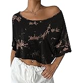 Remidoo Off Shoulder Tops for Women Tie Dye Crop Top Short Sleeve Oversized Cropped Tshirt Brown Small