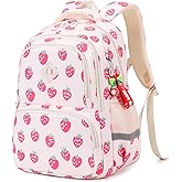 MUSEVOS Kids Backpack, Kawaii Printed Girls Bookbags for Elementary, Lightweight School Backpack for Kindergarten, Water Resistant Teen Backpacks, White/Strawberries