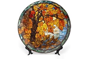 Gokays Autumn Decorative Plates, Stained Glass Design Autumn Tree Display Plate for Home Office Kitchen Table Decor Porcelain Plates 10 Inch, Thanksgiving Gifts