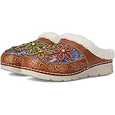 Spring Step L'Artiste Honestela Women’s Embossed Leather Clogs with Tapestry Upper - Sherpa Lined Slip-On for Warmth and Cushioned Wedge Heel Comfort Clog