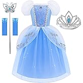Aolliya Princess Dress for Girls Puff Sleeves Princess Costume Blue Fancy Dress Up for Halloween Cosplay Party Carnival