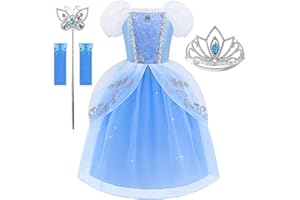 Aolliya Princess Dress for Girls Puff Sleeves Princess Costume Blue Fancy Dress Up for Halloween Cosplay Party Carnival