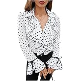 Floerns Women's Polka Dots Button Down Ruffle Blouse Bell Sleeve Elegant Collared Shirt