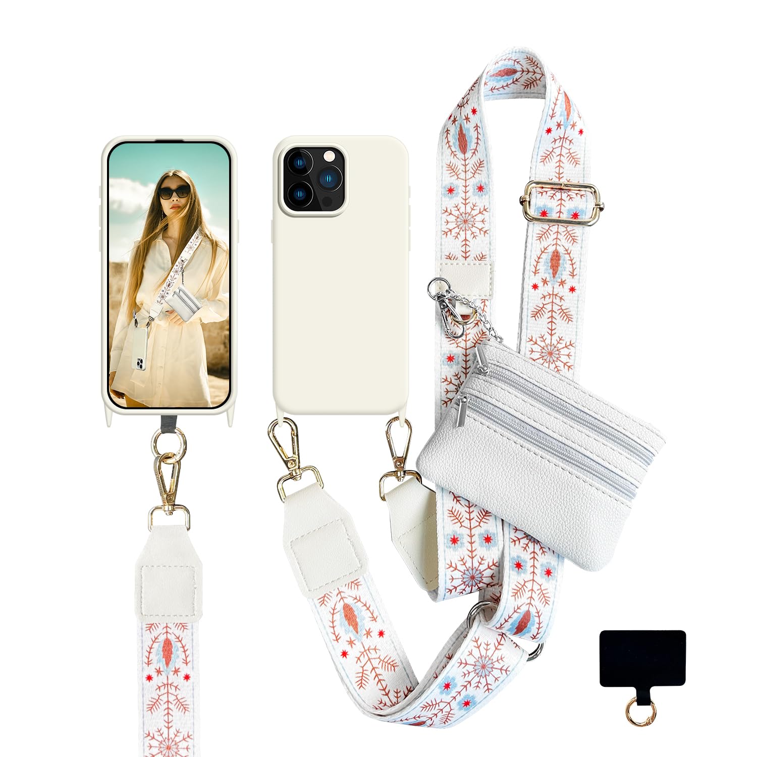 VooDirop Crossbody Phone Strap with Wallet for iPhone 15 Pro, Phone Case with Detachable Lanyard & Wrist 2 in 1, Clip and Go Strap for Women with Zippered Pouch Stone