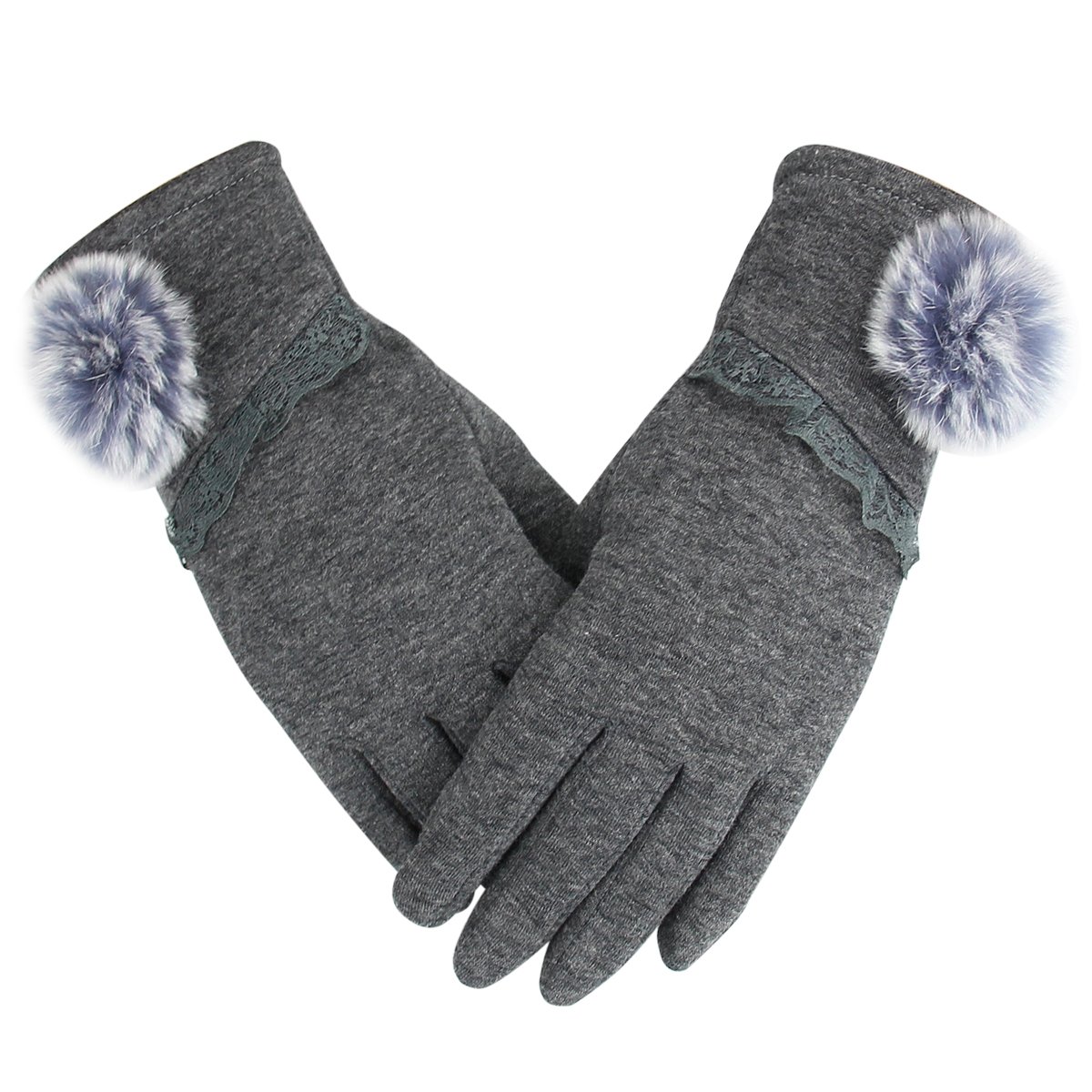 Nouveaux Gants Chauds de Femmes Mode féminine Extérieure Ecran Tactile Sports d\'hiver de plein air Gants Pompon Elégant Dentelle - Gris