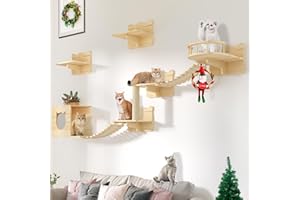 DWVO Cat Wall Shelves and Perches for Wall, Wooden Wall Mounted Cat Furniture, Set of 9 Cat Climbing Shelves with 1 Cat Wall House, 4 Wall Steps, 2 Bridge Ladder, 1 Cat Scratching Post and 1 Cat Bed