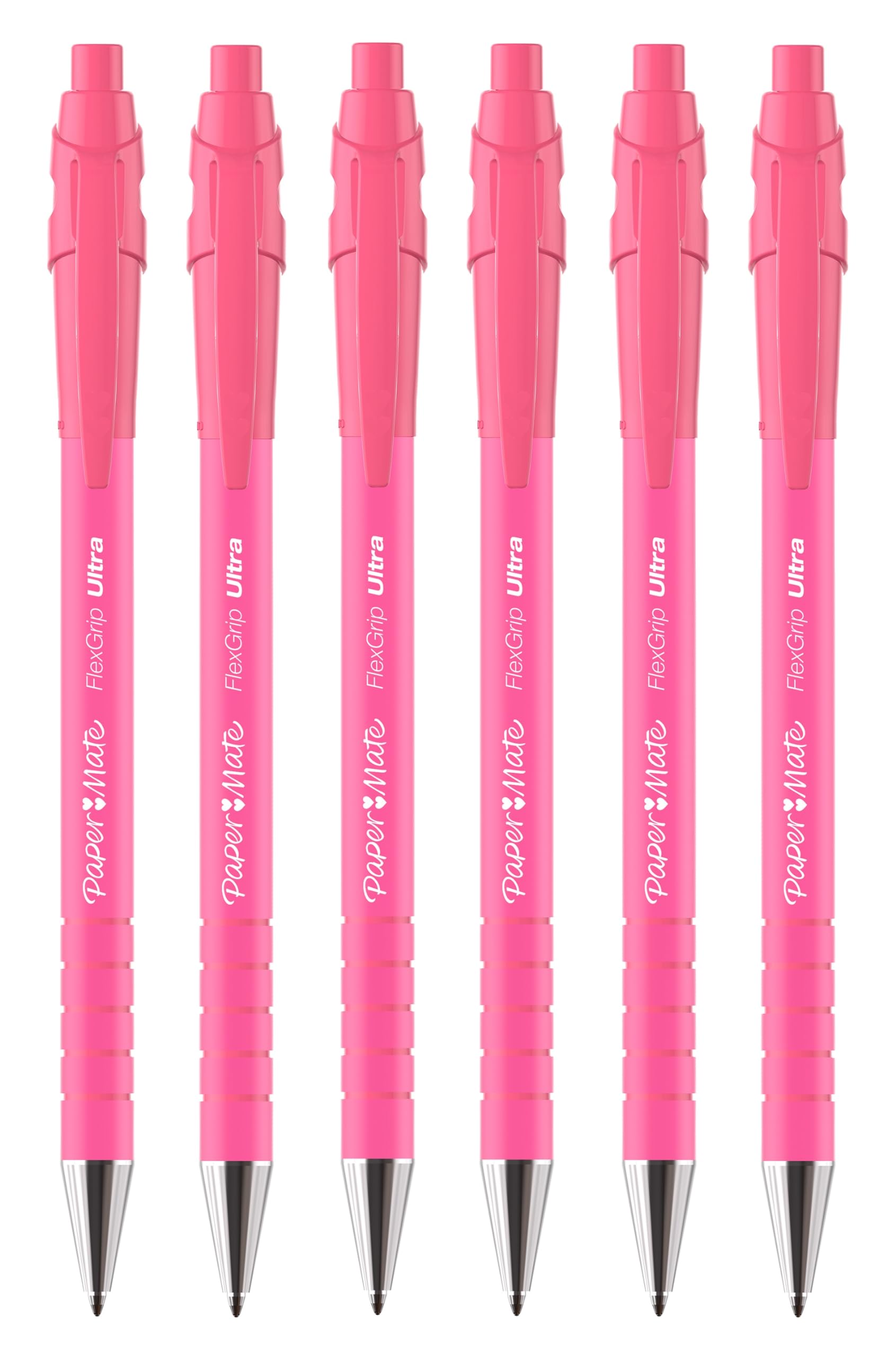 Paper Mate FlexGrip Ultra Retractable Ballpoint Pens | Medium Point | Blue Ink | 6 Pack | Bright Pink Retro Barrels
