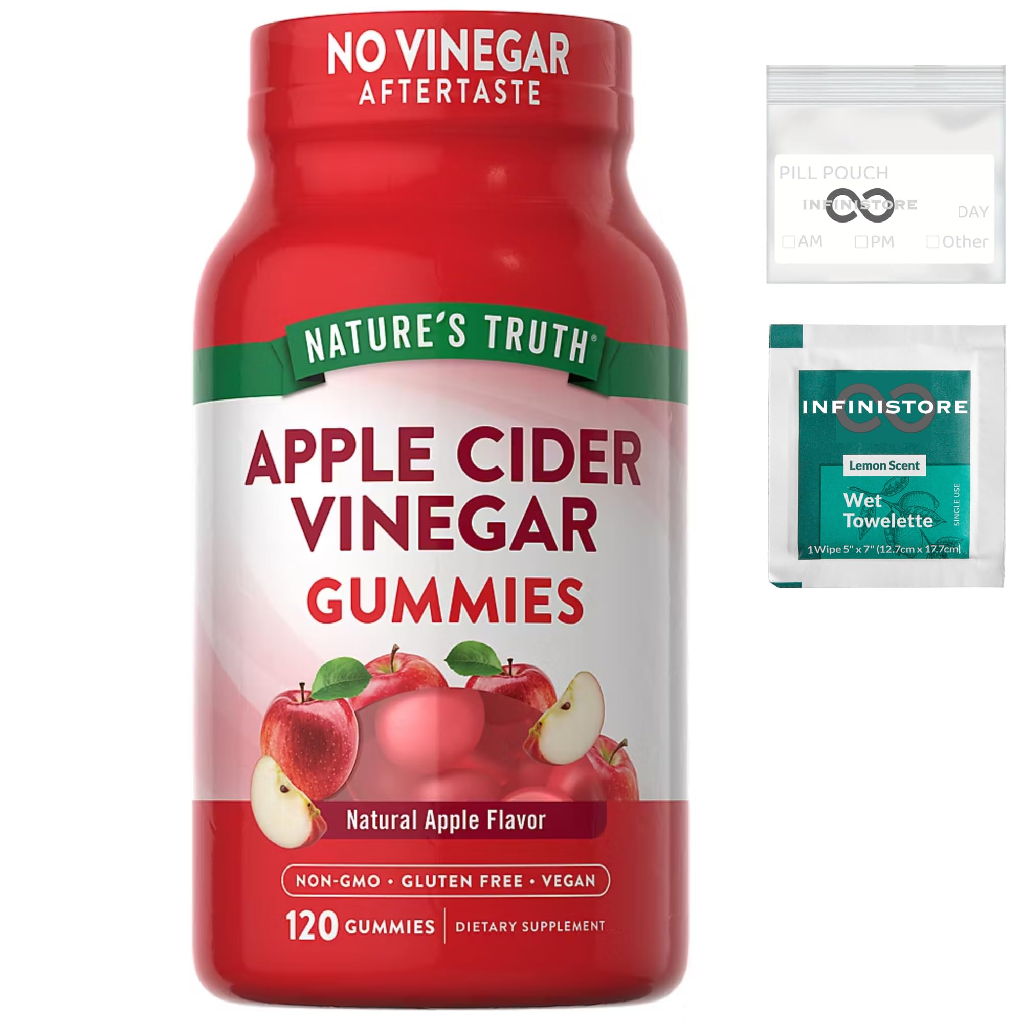 InfiniStore™ Medicine Pouch & Scented Moist Towelette Bundle with Nature Truth Apple Cider Vinegar Gummies, 120 Count, 400mg, Natural Apple Flavor - Non-GMO, Gluten Free, Vegan