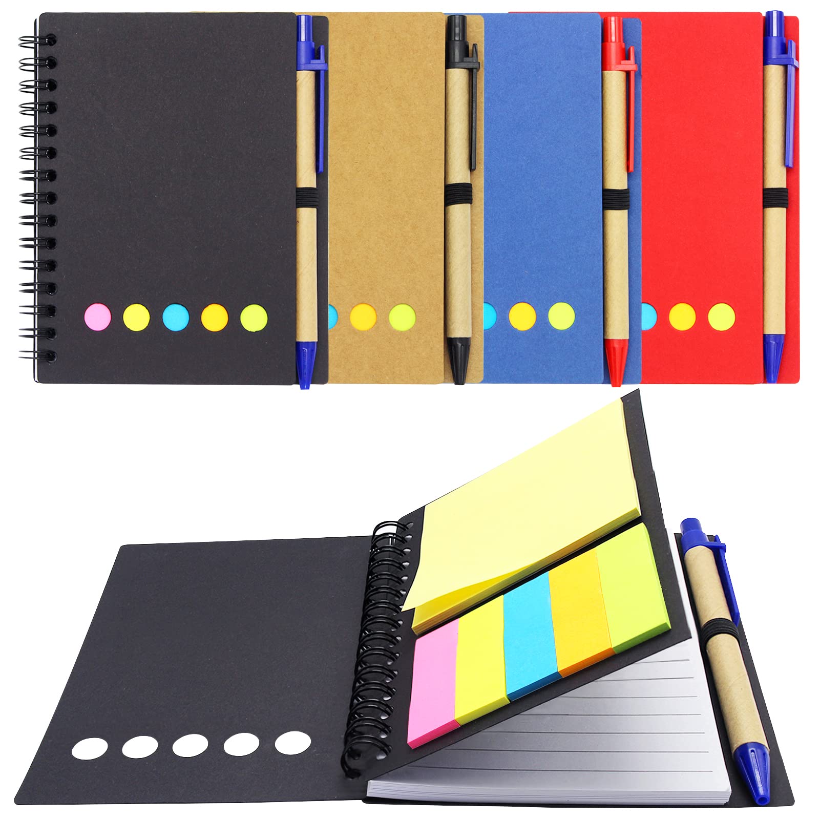 Yeelua 4 Pcs Spiral Notebook with Pen Sticky Lined, Travelers Plain Notebook, Colored Index Tabs Flags Notepad, Small Pocket Steno Notepad for School Office Supplies