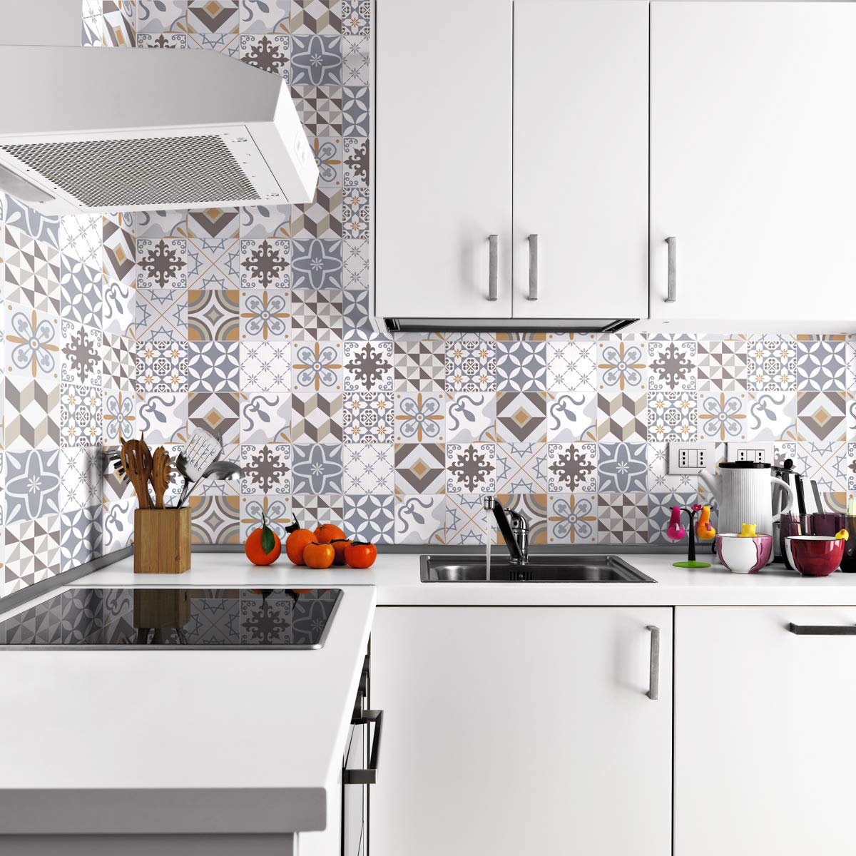 Ambiance Sticker Self-Adhesive Decorative Wall Decal Cement Tile for Bathroom and Kitchen Ornements Sobres - Pack of 24 Stickers of 10 x 10 cm