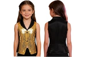 Loyan Girls Lapel V Neck Jacket for Dance Performance Sleeveless Sequin Vest Sparkle Waistcoat Carnival Party Tank Tops