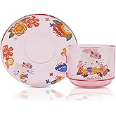 Silver Buffalo Sanrio Hello Kitty Flowers Glass Teacup and Saucer Set | Tea Party For Coffee, Espresso, Mocha | Holds 12 Ounces