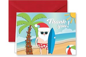 Paper Frenzy Surfing Santa Tropical Beach Christmas Holiday Thank You Note Cards with Red Envelopes - 25 pack