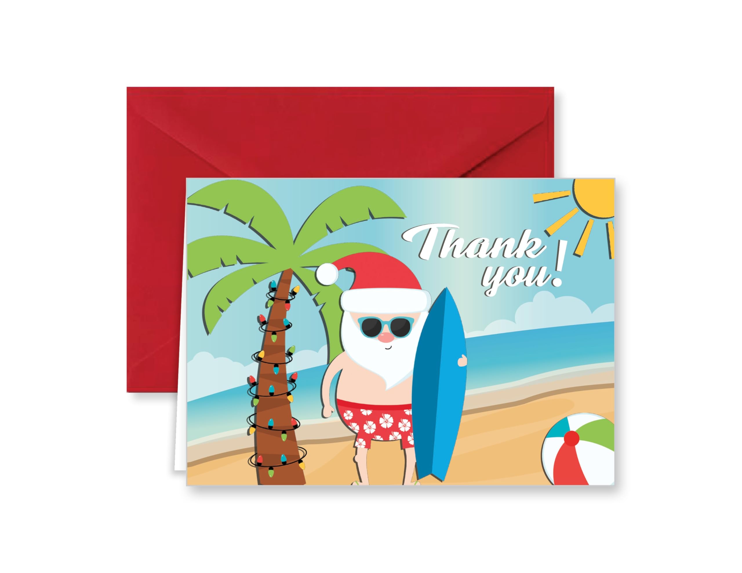 Paper Frenzy Surfing Santa Tropical Beach Christmas Holiday Thank You Note Cards with Red Envelopes - 25 pack