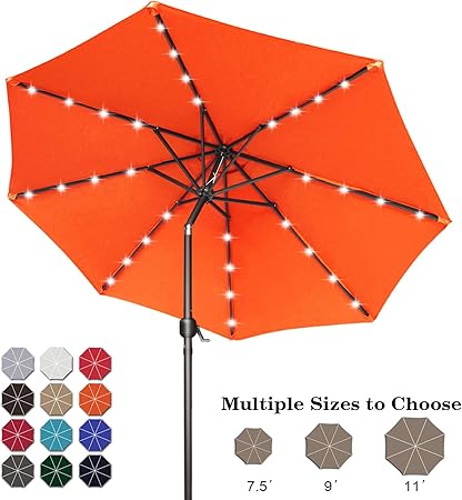 Amazon Com Abccanopy 9ft Patio Umbrella Ourdoor Solar Umbrella Led Umbrellas With 32led Lights Tilt And Crank Table Umbrellas For Garden Deck Backyard And Pool 12 Colors Orange Garden Outdoor