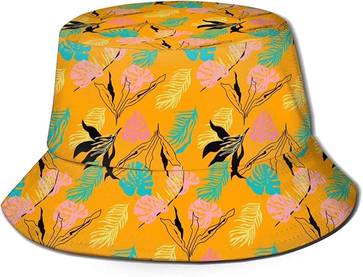 Unisex Exotic and Tropical Pink Flowers and Leaves Travel Bucket Hat