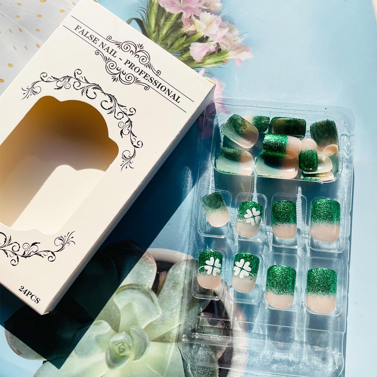 24Pcs St. Patrick's Day Press on Nails Short Square Fake Nails Irish Holiday Nails Design Green Glitter French Tip Glue on Nails Lucky Shamrock Acrylic False Nails Decorations for Women Girls - Image 5