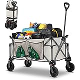 Collapsible Folding Wagon Cart, 220LBS Heavy Duty Foldable Utility Garden Cart with All Terrain Wheels & Side Storage Bag, Po