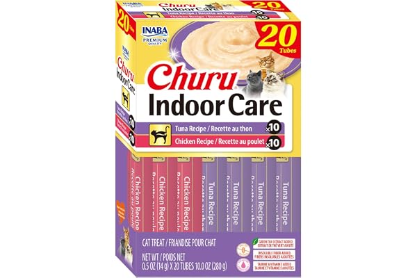 INABA Churu Indoor Care for Hairball Control, Functional Lickable Cat Treat with Taurine & Green Tea Extract, 14 Grams Each,