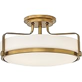 Hinkley Harper Medium Semi-Flush Mount Ceiling Light, Sleek, Retro Style, Etched Opal Glass, Heritage Brass Finish
