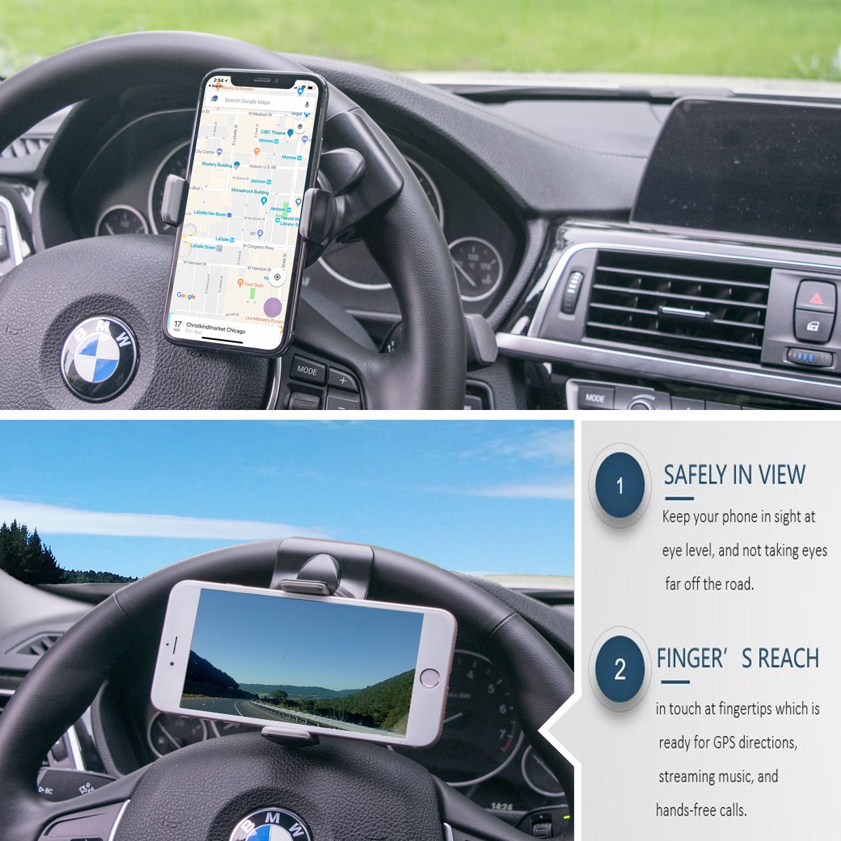 Car Phone Mount, Micagos Universal Phone Holder Cell Phone Car Air Vent Holder steering wheel holder rearview mirror Mount for iPhone X 8 Plus 7 6s SE Samsung Galaxy S9 S8 Edge S7 S6 Note 8 & GPS