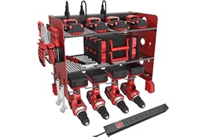 NWH Power Tool Organizer Wall Mount with Charging Station，3 Layer Storage Rack for Organization 4 Drill Storage Shelf with Hooks, Drill Bit Heavy Duty Rack, with 8 Outlet Power for Garage and Workshop