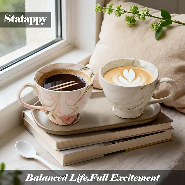 STATAPPY PROMOTION, 2-PIECE MARBLE CERAMIC COFFEE MUG SET, 16 OZ HAND-PAINTED THANKSGIVING HOLIDAY CUP, LEAD-FREE MICROWAVE SAFE DRINKWARE FOR HOME OFFICE KITCHEN