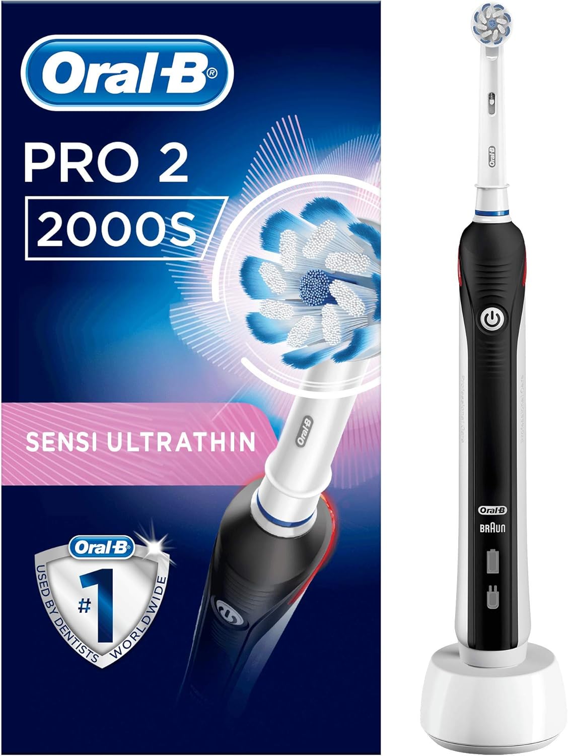 Oral-B PRO 2 2000S Elektrische Zahnbürste mit visueller Andruckkontrolle für extra Zahnfleischschutz, schwarz
