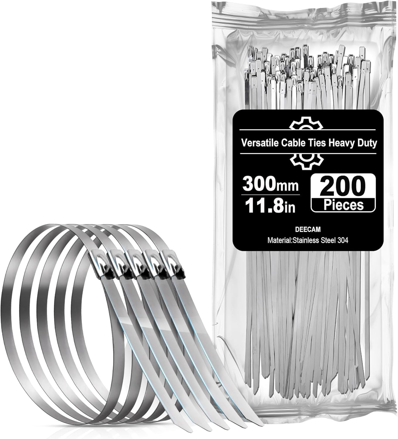 200 Pack Stainless Steel Cable Ties, Deecam 4.6×300mm Metal Cable Tie, 304 Stainless Zip Ties with Steel Ball Stopper, Suitable for Exhaust Wrapping, Binding Tie, Garden Repair and Fixed Fence — image 1