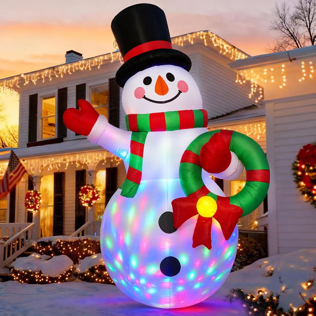 Photo 1 of **PRODUCT DIRTY** 5 FT Christmas Inflatables Snowman Outdoor Decoration with LEDs Light, Holding Garland Blow Up Yard Holiday Inflatable for Outdoor Yard Garden Lawn Decor