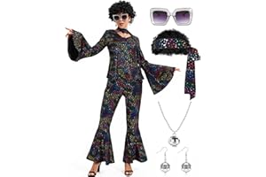 Lydoesy 70s Disco Outfits for Women 70s Costume Set for Party Top Pants Wig Sunglasses Ball Necklace Earring