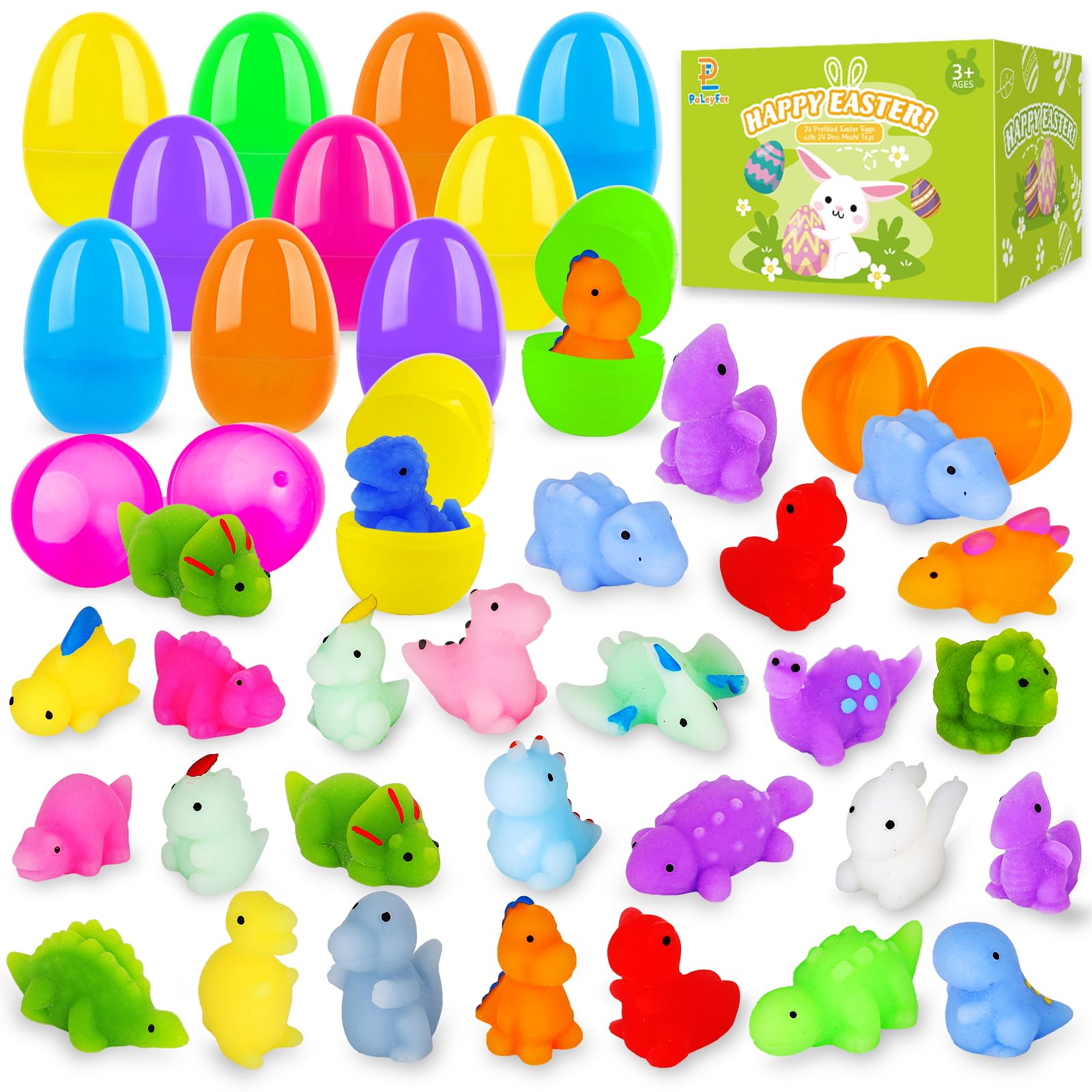 24 Pack Prefilled Easter Eggs with Squishy Dinosaur Toys inside for Kids, Easter Basket Stuffers Fillers Mochi Stress Relief Toys for Easter Hunt, Party Favor, Easter Gifts, Classroom Prizes