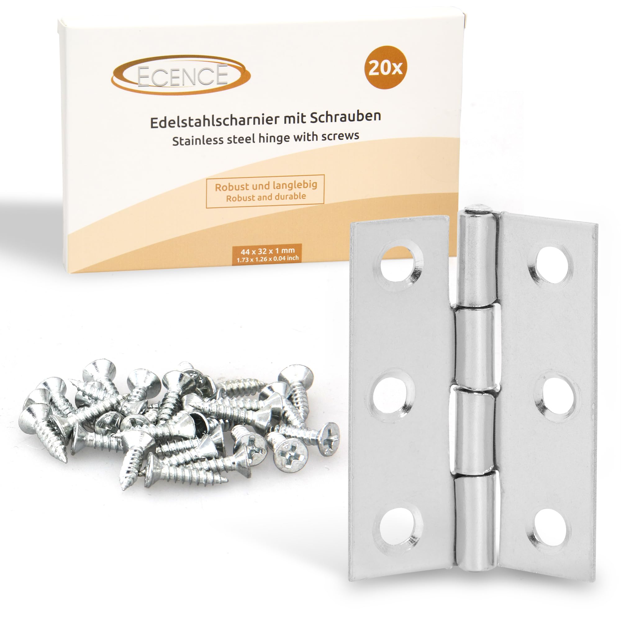 ECENCE 20 x Stainless Steel Hinges (44 x 32 x 1 mm / 1.73 x 1.26 x 0.04 inches) with Screw Door Hinge, Door Hinge, Fittings, Stainless Steel Hinge, Hinge Model