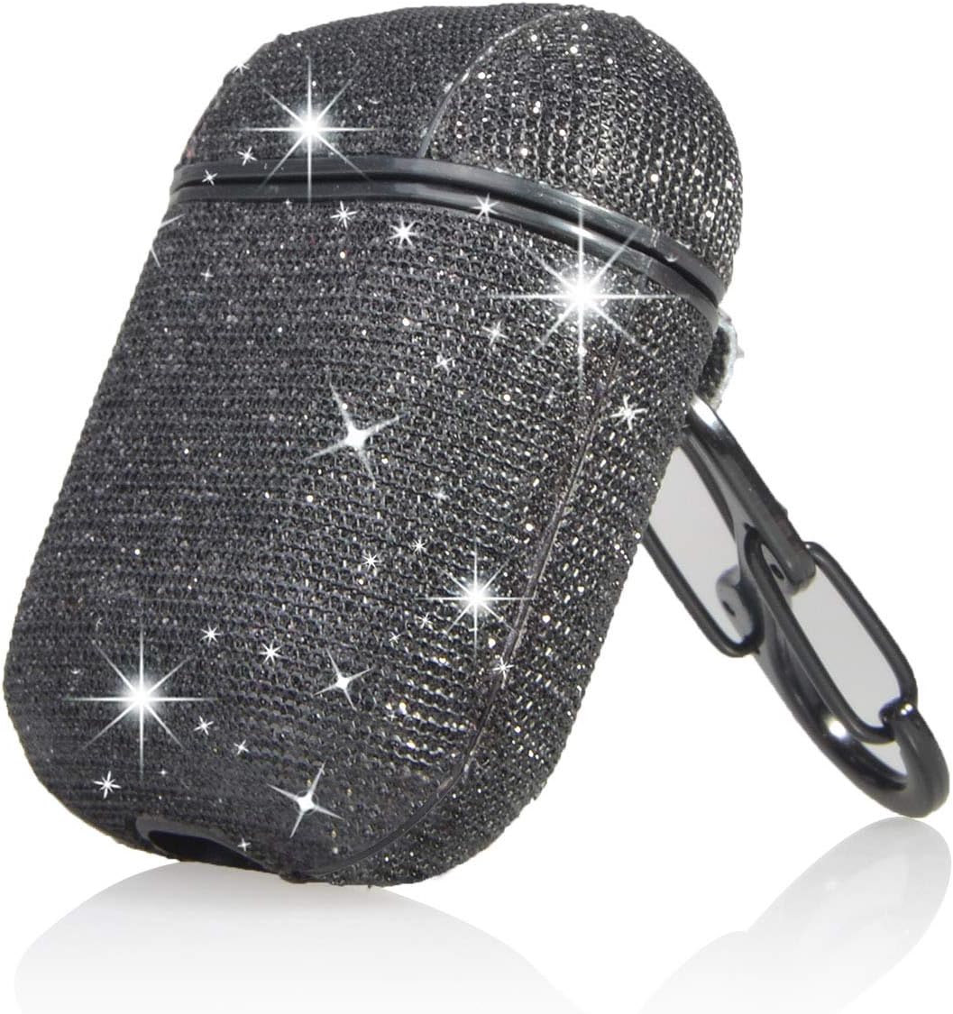 HIDAHE 2019 Newest AirPods Case, AirPods Case, Bling Glitter AirPods Case Cover Protective Leather AirPods Accessories Kit for Women Kids Compatiable with Apple AirPods 1st/2nd Charging Case,Black