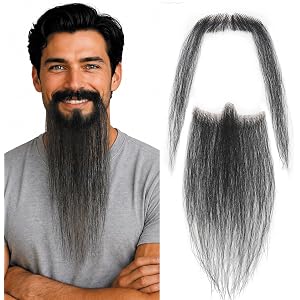 Long Fake Beard and Mustache, Human Hair Hand Tied Goatee Beard(Black) | Realistic Costume Beard, Breathable Lace Facial Hair