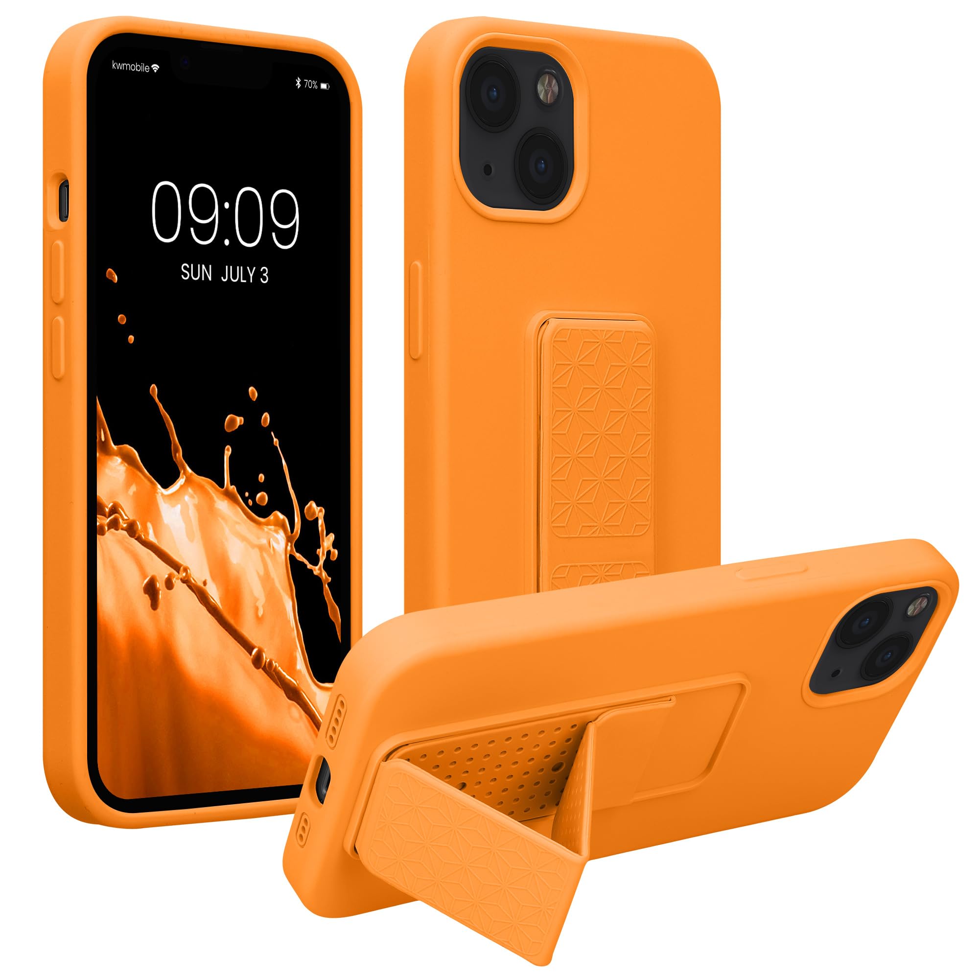 kwmobile Case Compatible with Apple iPhone 13 - Case with Hand Strap and Stand Soft TPU Silicone Coating - Fruity Orange