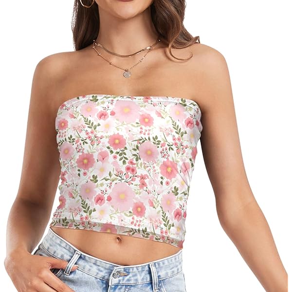 Womens Tube Tops Pink Flower Floral Mesh Crop Top Strapless