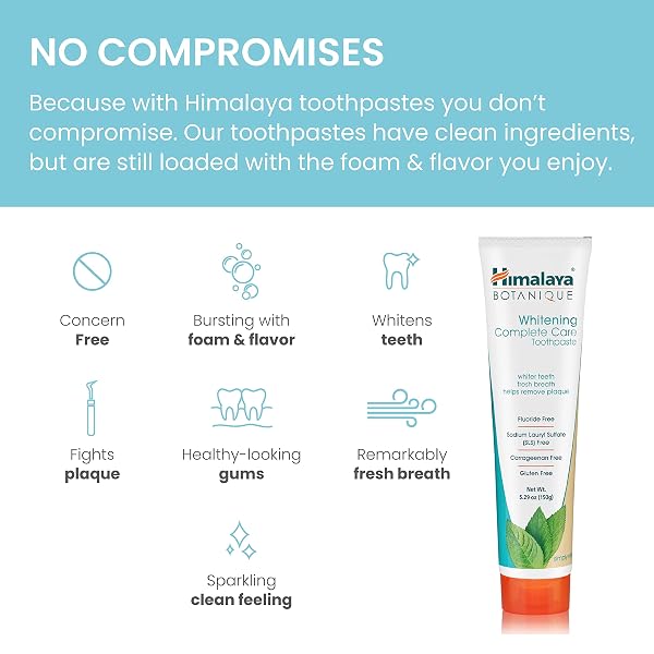 HIMALAYA BOTANIQUE WHITENING COMPLETE CARE TOOTHPASTE, TEETH WHITENING, FIGHTS PLAQUE, FLUORIDE FREE, NO ARTIFICIAL FLAVORS, SLS FREE, CRUELTY FREE, FOAMING, SIMPLY MINT FLAVOR, 5.29 OZ, 4 PACK