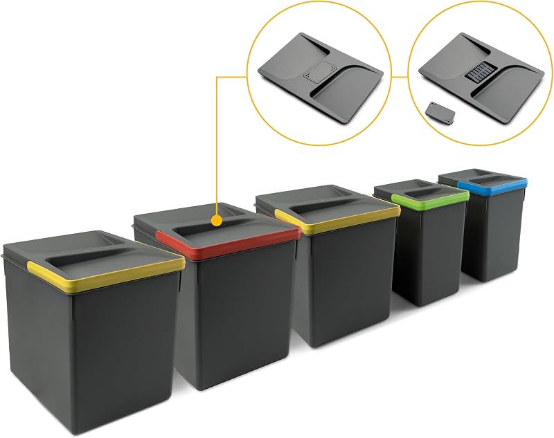 - Poubelles pour tiroir de cuisine avec couvercle anti-odeurs, Compartiments de Recyclage pour Base à Couper,H 266 mm (3 x 15 L + 2 x7 L), Plastique gris anthracite