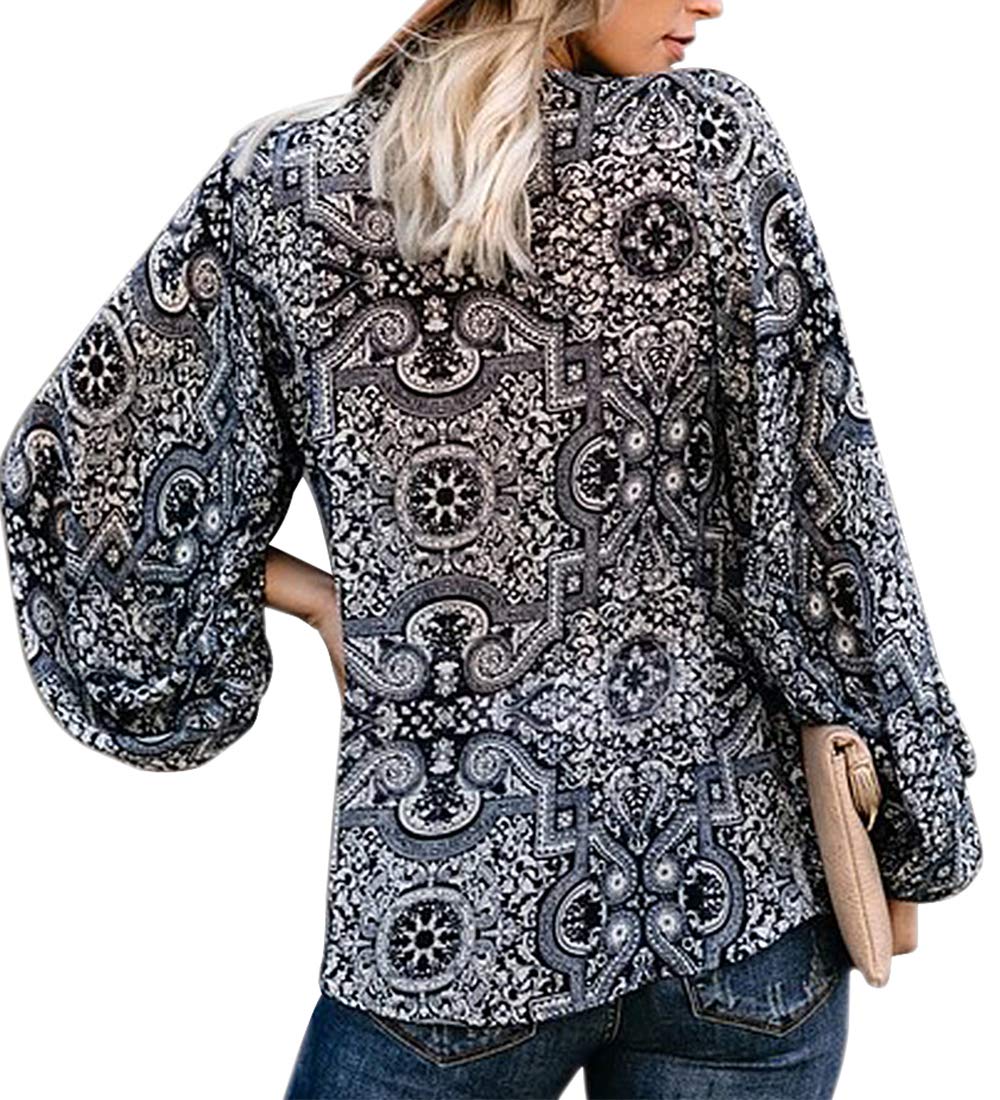 BABEIYXM Women\'s V Neck Boho Tops Balloon Sleeve Chiffon Blouses Paisley Print Casual Work Shirts M