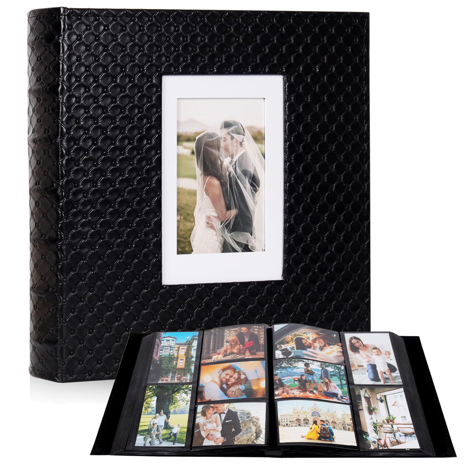 RECUTMS Photo Album 6x4 600 Photos Black Inner Page Button Grain Leather Big Capacity Pockets Pictures Album Birthday Christmas Photo Albums Wedding Anniversary (Black)