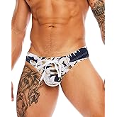 MIZOK Mens Sexy T-Back Thong Swimsuit G String Pouch Swimwear Quick Dry Bikini with Drawstring