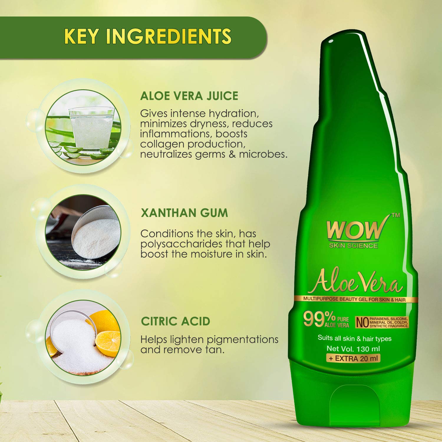 WOW Aloe Vera Multipurpose Beauty Gel for Skin and Hair, 130ml + 20ml