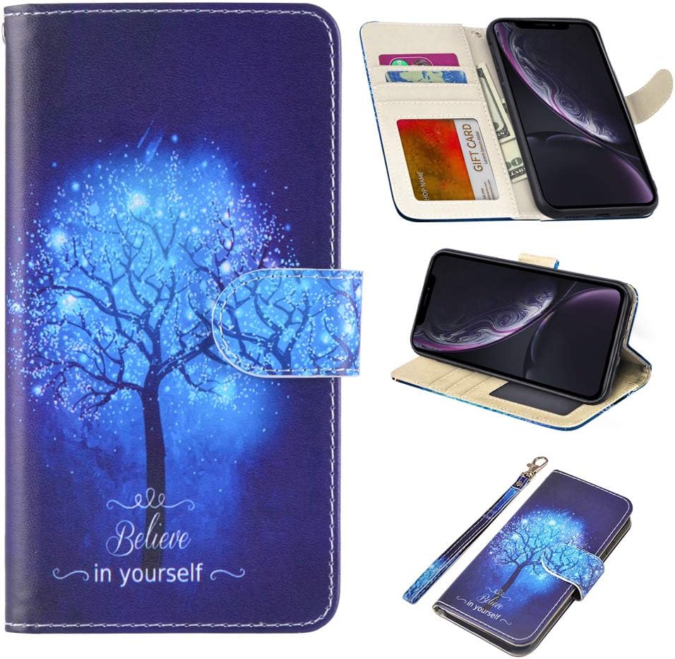 RusseryPekiPhone XR Case Wallet Folio Flip Premium PU Leather Cover with Card Holder Slot Pockets,Wrist Strap,Kickstand,Magnetic Closure for iPhone XR 6.1 inch (2018),Believe in Yourself