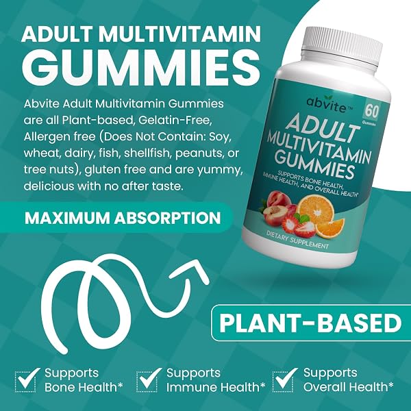 ABVITE PLANT-BASED MULTIVITAMIN GUMMIES, DAILY MULTIVITAMINS FOR MEN AND WOMEN WITH VITAMINS A, C, D, E, B-3, B-6, B-12, BIOTIN, INOSITOL, NON-GMO, GLUTEN FREE, 60 COUNT (30 DAYS SUPPLY)