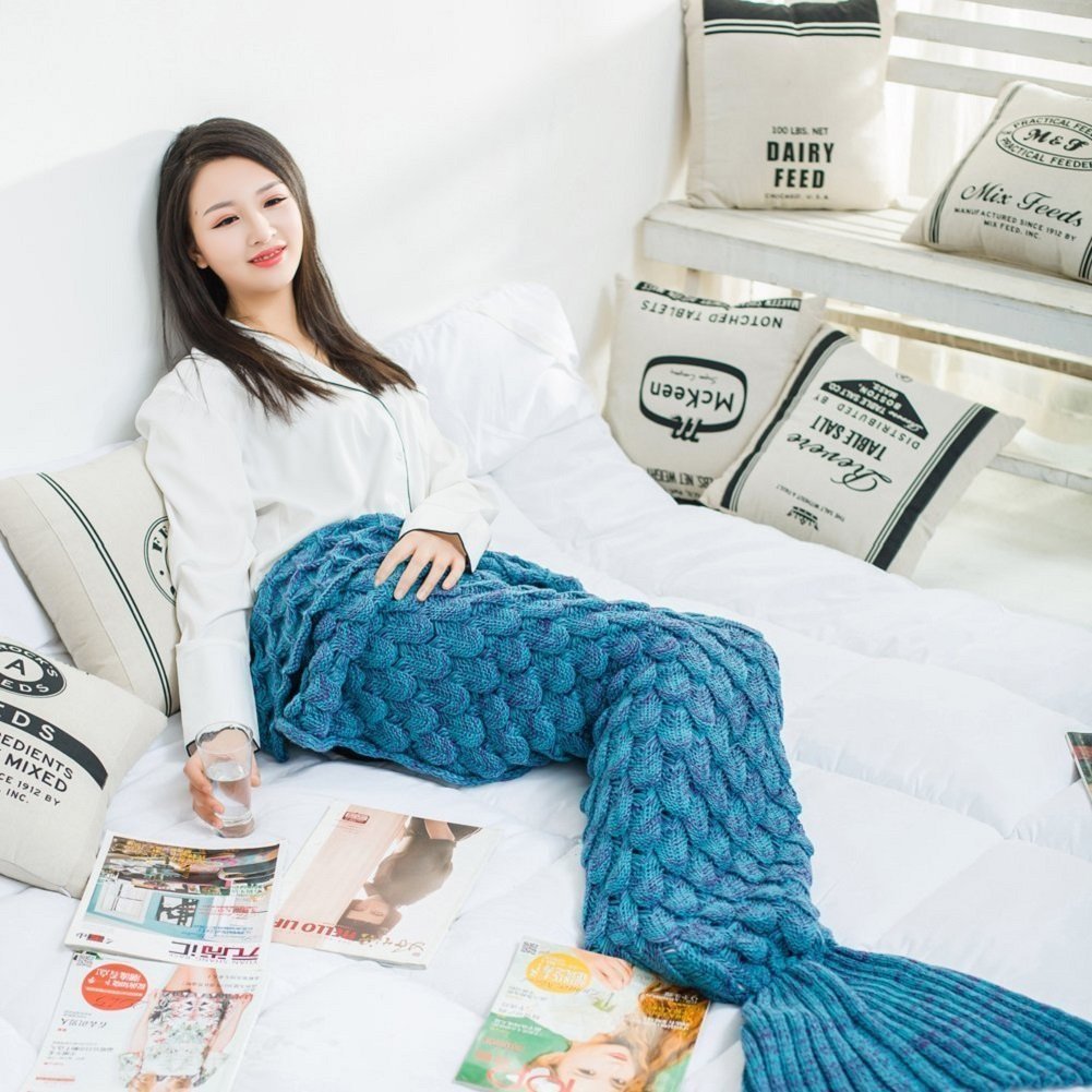 Feiuruhf Knitted Mermaid Tail Blanket for Adults Teens, Kids Crochet Snuggle Mermaid, All Seasons Sleeping Blanket (Blue)
