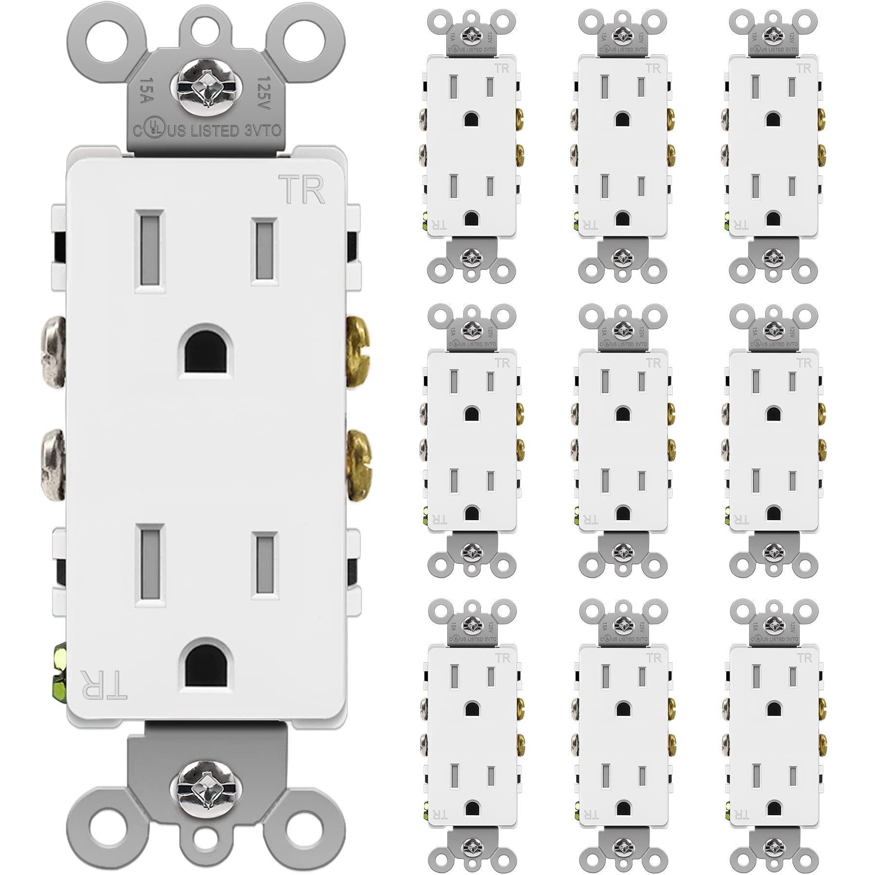 Photo 1 of BESTTEN 15 Amp Decorator Wall Receptacle, Standard Electrical Outlet, Tamper Resistant, Residential and Commercial Use, 15A/125V/1875W, UL Listed, 10 Pack, White