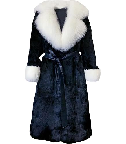 Annsirgra Women's Genuine Rabbit Fur Coat Long Jacket With Fox Fur