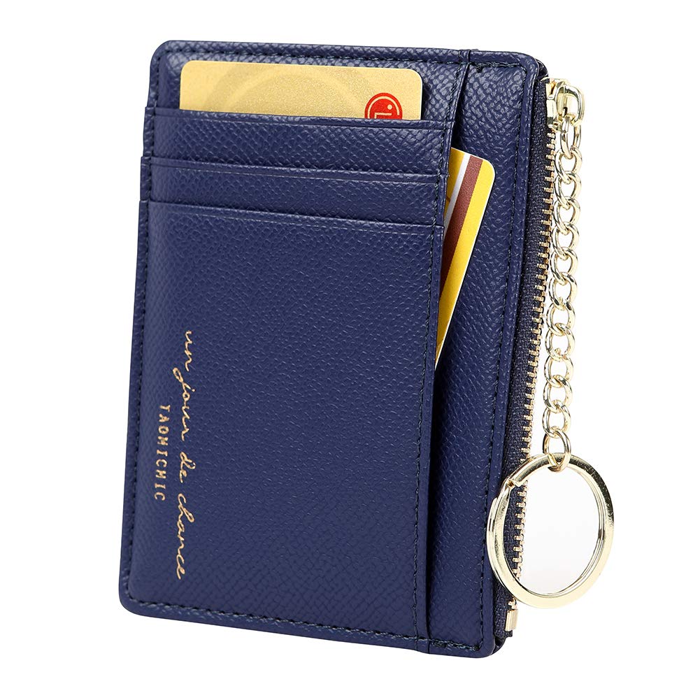 Cynure Women's 8 Cards Slim Minimalist Card Holder Coin Changes Purse Keychain Front Pocket Wallet, Navy Blue